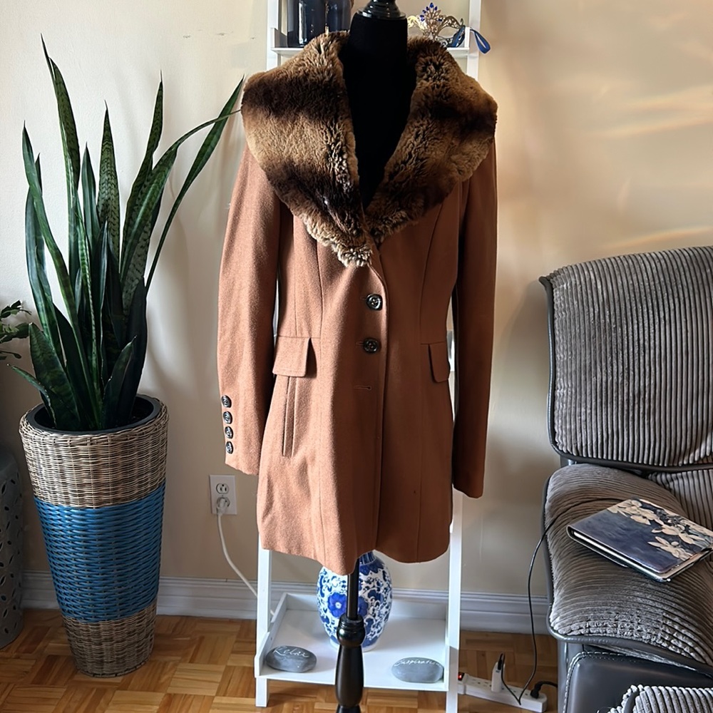 M COLLECTION vintage brown fitted coat with faux fur collar size medium - Picture 6 of 16